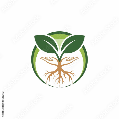 Green plant with roots forming hands in a circular logo.