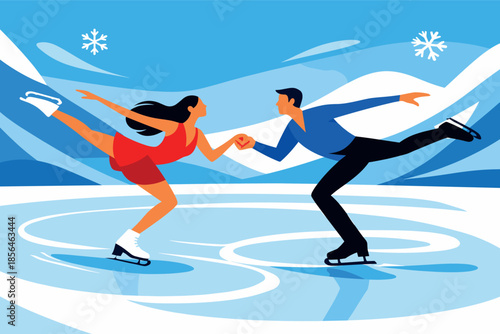 Corporate modern illustration of ice dancers performing synchronized movement on rink.