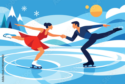 Corporate modern illustration of ice dancers performing synchronized movement on rink.