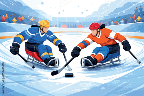 Corporate modern illustration of para ice hockey players competing on ice rink.