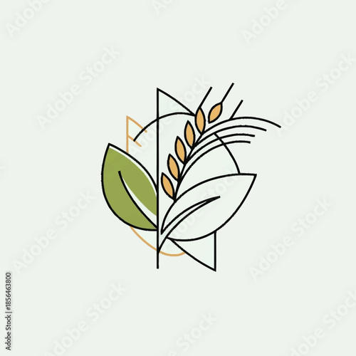 Minimalist geometric line art illustration of wheat and leaves.