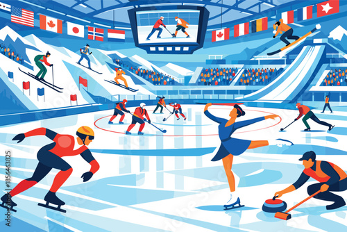 Corporate modern illustration of winter sports arena with multiple athletes in action.