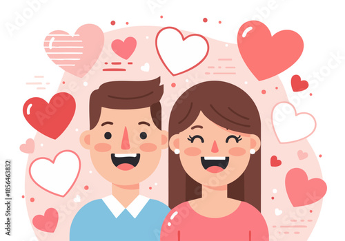 A romantic pink vector illustration of a happy couple celebrating Valentine's Day with a heart design to represent love and romance