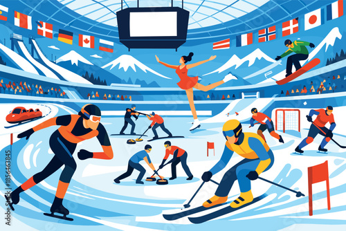 Corporate modern illustration of winter sports arena with multiple athletes in action.