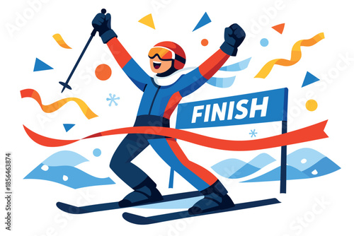Corporate modern illustration of winter athlete celebrating victory at finish line.