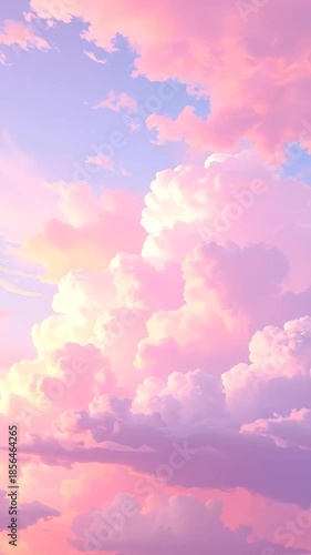 A dreamy sky with fluffy, pink and purple clouds. A single jet streak crosses the blue sky