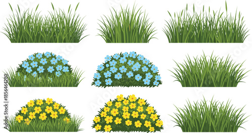 Garden grass and flowering bushes illustration set, green lawn plants and colorful flowers, landscaping elements, realistic outdoor vector collection