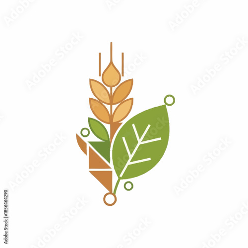 Stylized Wheat Stalk and Leaf with Geometric Elements.