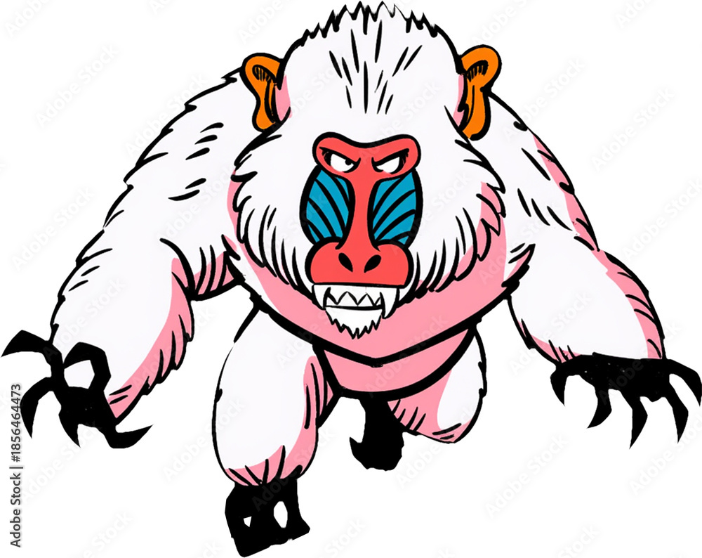 Fototapeta premium Vibrant white mandrill cartoon character with colorful face.