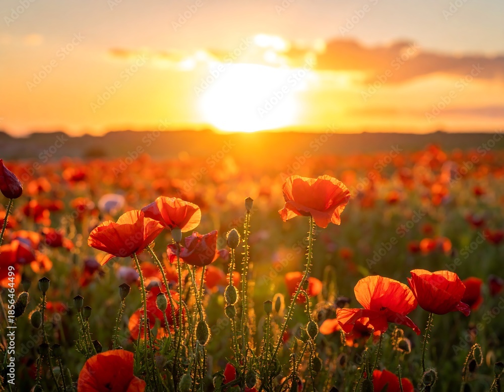Fototapeta premium Field of red poppies bathed in warm golden light at sunset