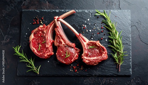 Delicious raw lamb chops garnished with rosemary on a dark slate plate surface
