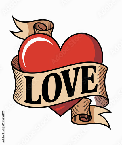 Retro Heart and Love Banner Tattoo for Valentine’s Day Apparel