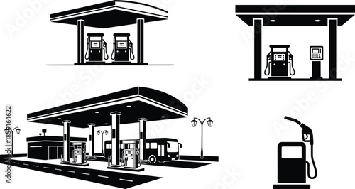 Gas station icons set, fuel pump silhouettes, petrol station canopy design, refueling service illustrations, black white vector graphics