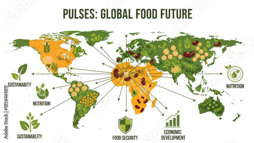 Pulses global food future map showing distribution and concepts like nutrition sustainability and economic development vector illustrat