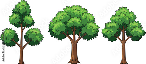 Green cartoon tree illustration set, leafy forest plants collection, nature landscape elements, eco friendly design, isolated white background