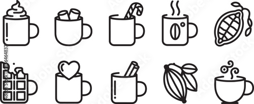 Set of ten minimalist vector icons featuring hot drinks and cocoa beans hot chocolate coffee