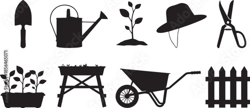Black silhouette garden tools plants watering can hat wheelbarrow fence gardening