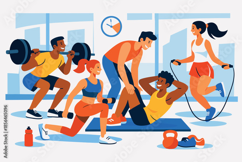 Corporate modern illustration of group of athletes training together in shared space.