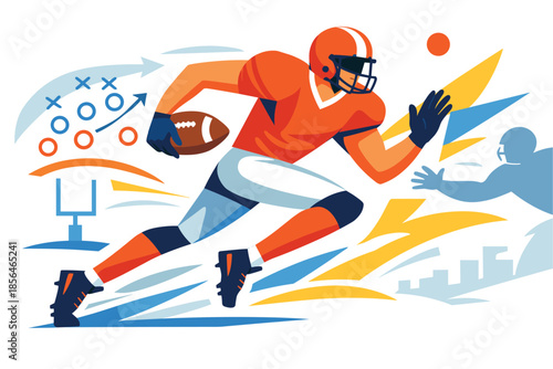 Corporate modern illustration of American football player running forward with ball.