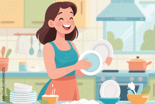 Smiling woman drying a plate in a bright kitchen after washing dishes. A cheerful moment of domestic care.