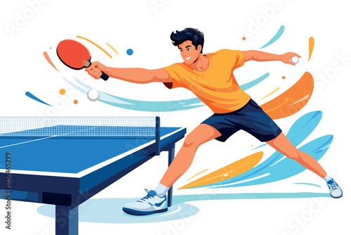Corporate modern illustration of table tennis player hitting ball over table.