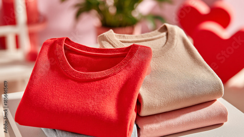 The showcase of a clothing store on Valentine's Day. Red and cream cashmere jumper on commercial equipment. Valentine's Day Sale concept.