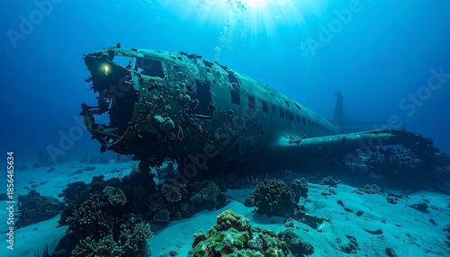 Sunlit depths reveal an old airplane wreck on the ocean floor, partially buried in sand and vibrant coral, a mysterious historical relic