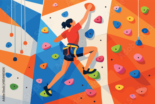 Corporate modern illustration of climber ascending indoor climbing wall with strength.