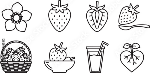 Collection of black line art icons depicting strawberries and related items strawberry fruit