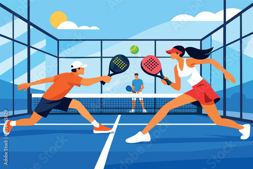 Corporate modern illustration of padel players hitting ball inside glass court.
