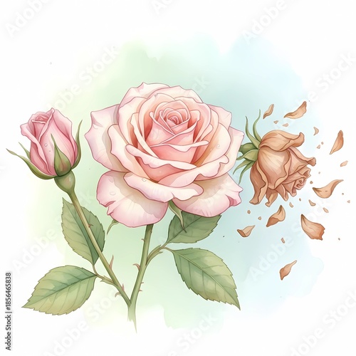 Rose flower showing complete life cycle from fresh bud through bloom to wilted petals