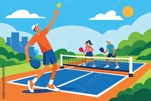 Corporate modern illustration of pickleball player serving ball on compact court.