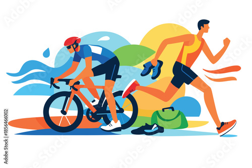 Corporate modern illustration of triathlete transitioning between cycling and running stages.