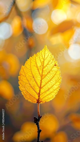 A close-up shot of a singular, golden yellow leaf highlighted against a warm, bokeh background