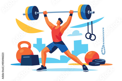 Corporate modern illustration of crossfit athlete lifting barbell overhead strength workout.