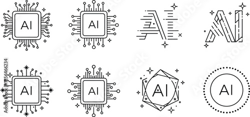Artificial intelligence icons set with AI processor chips, neural symbols and modern technology line icons isolated on white