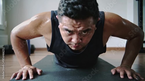 Man resting on the floor after an intense push-up workout, showing exhaustion and effort