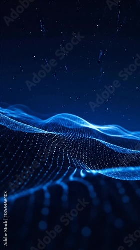 A dark blue digital depiction of a flowing, connected network with a starry sky