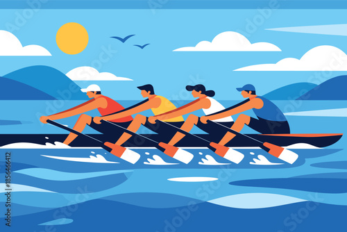 Corporate modern illustration of rowing team paddling in sync on water.