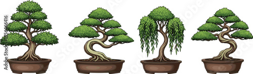 Bonsai tree illustration collection, Japanese miniature potted trees, zen garden plants, traditional decorative foliage, detailed vector artwork