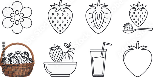 Collection of eight simple line art strawberry icons and a woven basket fruit illustration