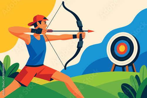 Corporate modern illustration of archery athlete aiming arrow at target with focus.