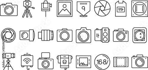 Collection of outline style icons for photography and video equipment camera