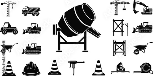 Construction equipment icons set with concrete mixer, crane, excavator and tools, industrial machinery silhouettes isolated on white