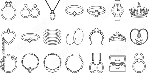 Collection of outline style jewelry icons including rings necklaces bracelets earrings and crowns