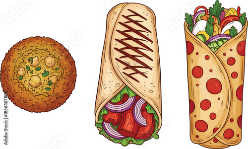 Falafel and wraps set, shawarma burrito and tortilla roll with fresh vegetables, street food illustration isolated on white