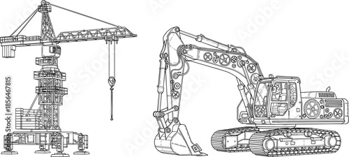 Construction machinery illustration set, tower crane and excavator line art, heavy equipment engineering drawing, industrial building tools