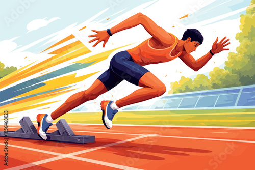 Corporate modern illustration of sprinter starting from blocks on athletics track.