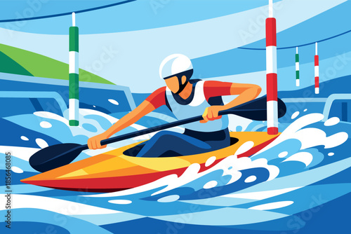 Corporate modern illustration of canoe slalom athlete navigating gates on course.