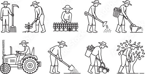 Eight line art icons of farmers working in fields and orchards agriculture farming